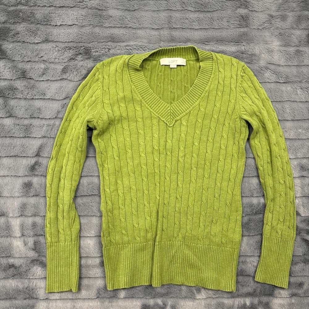 Ann Taylor Loft Womens Green Cable Knit V-Neck Cotton Sweater Petite SP 8605